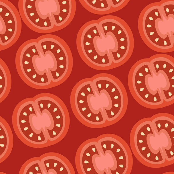 Seamless pattern. Fresh slice of tomatoes. Half cut juicy tomatoes. Flat vector illustration on red background. Fresh red Vegetable, Vegetarian, vegan Healthy organic food - Вектор, зображення