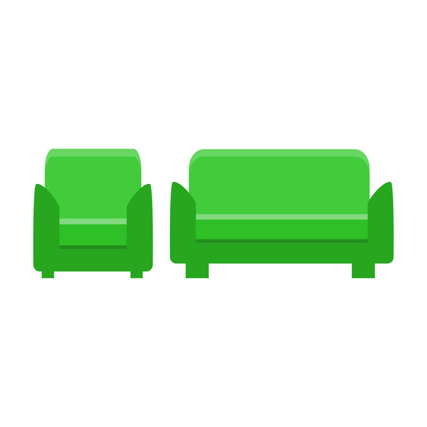 Sofa und Stuhl im gleichen Stil, flache Ikone - Vektor, Bild