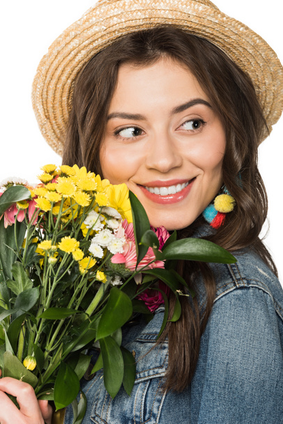 happy boho girl in straw hat holding flowers isolated on white - Fotoğraf, Görsel