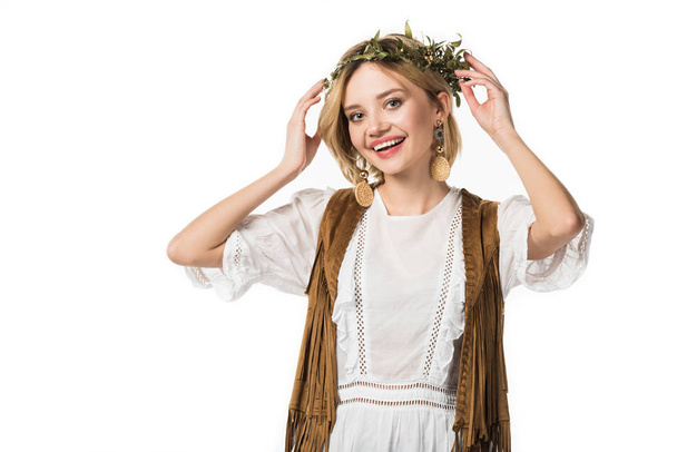 pretty hobo girl with wreath smiling at camera isolated on white - Photo, Image