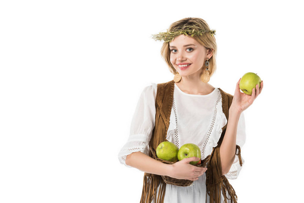 pretty boho girl in wreath with ripe apples isolated on white - Foto, afbeelding