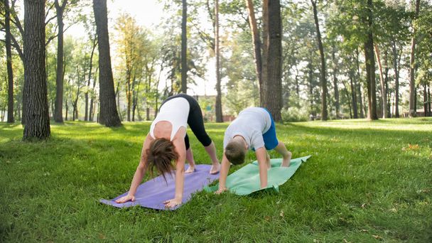 ヨガを練習し、公園で瞑想する12歳の十代の少年と中年の女性の写真。家族がリラックスして自然の中でフィットネスをする - 写真・画像