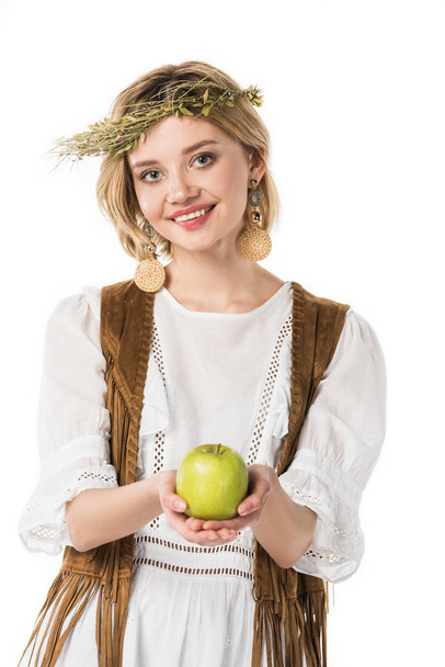 charming hippie girl holding green apple isolated on white - Фото, зображення