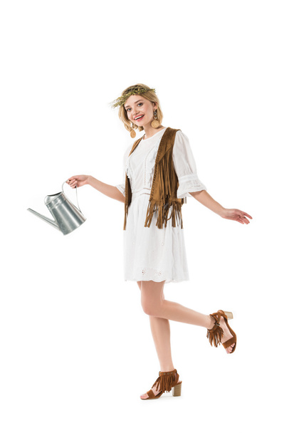 full length view of smiling beautiful boho girl holding watering can isolated on white - Φωτογραφία, εικόνα