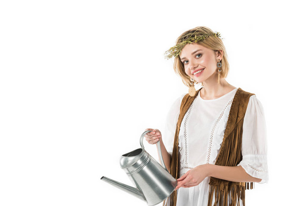 beautiful boho girl holding watering can isolated on white - Фото, изображение