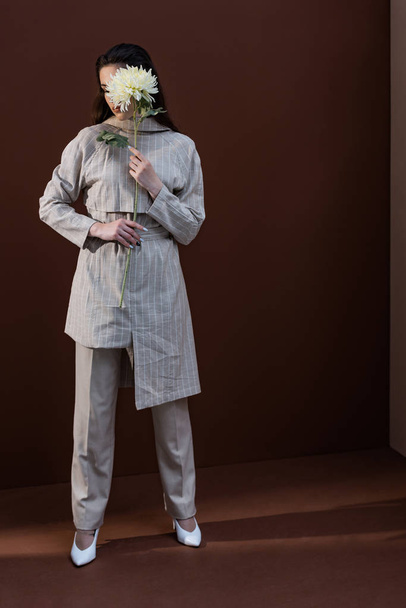 modisches Modell in stilvoller Kleidung, stehend auf braunem Hintergrund, mit Chrysanthemenblüte in der Nähe des Gesichts - Foto, Bild