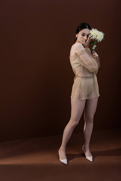 model with flower in hands closing eyes, standing on brown background - Фото, изображение