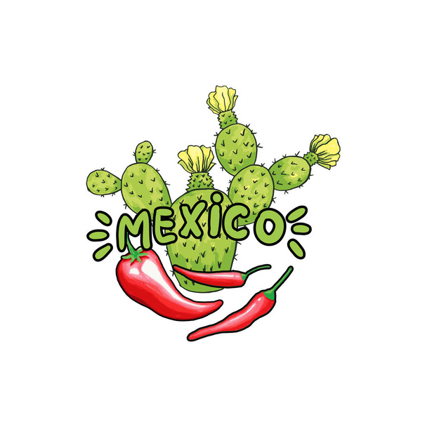 Mexico belettering met groene letters en rode peper. Geïsoleerd logo ontwerp - Vector, afbeelding
