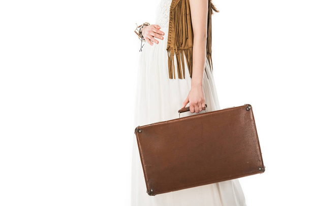 cropped view of pregnant woman holding suitcase and touching belly isolated on white - Φωτογραφία, εικόνα
