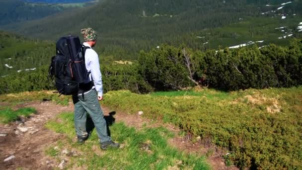 Mountaneous Valley en een toerist die naar beneden kijkt in de Karpaten in slo-mo - Video