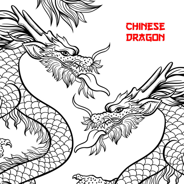 Twee Chinese draken hand getekende contour illustratie - Vector, afbeelding