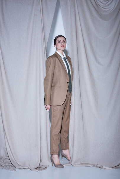 adult model in suit standing on light grey curtain background, looking at camera - Photo, Image