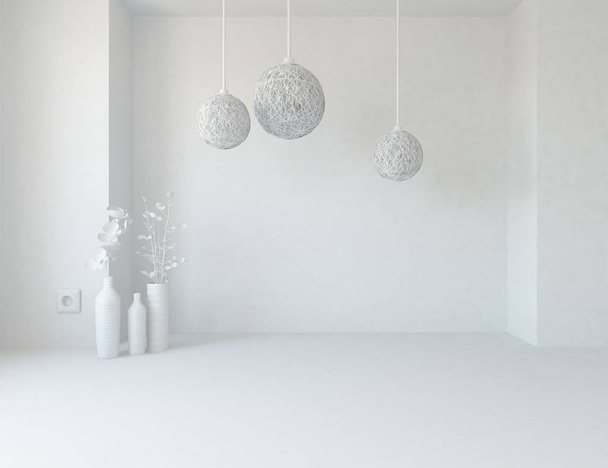 木製の床と大きな壁に花瓶と空のスカンジナビアの部屋のインテリアのアイデア。背景の内部。ホームノルディックインテリア。3Dイラスト - 写真・画像