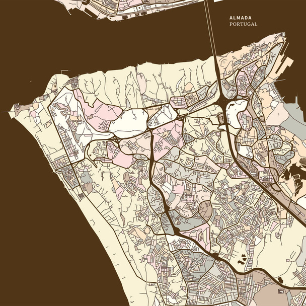 Mapa da Almada Portugal modelo de impressão do mapa de arte
 - Vetor, Imagem