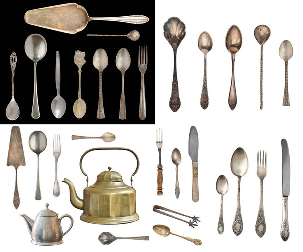 Top zicht op prachtige vintage zilveren Knifes, lepels en vorken i - Foto, afbeelding