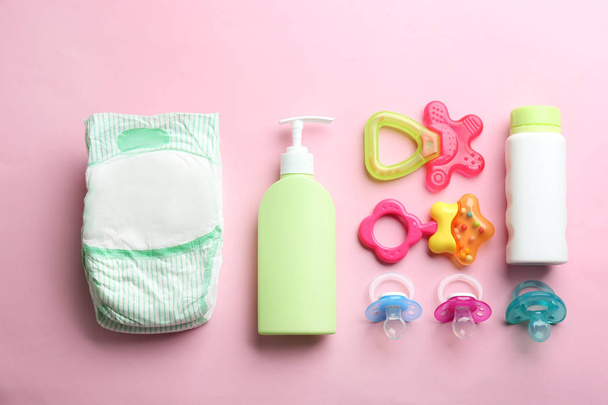 Flat lay composition with baby accessories on color background - Фото, изображение