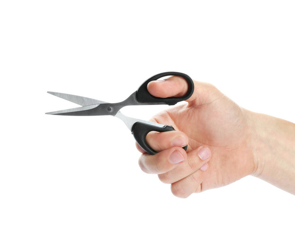 Man holding pair of scissors isolated on white, closeup - Zdjęcie, obraz