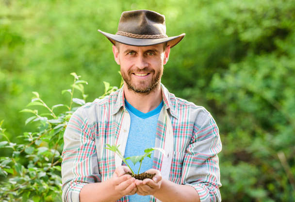 muscular ranch man in cowboy hat care plants. Eco farm worker. Earth day. happy earth day. Eco living. farming and agriculture cultivation. Gardening. successful farmer hold plant in ground in hands - Фото, изображение