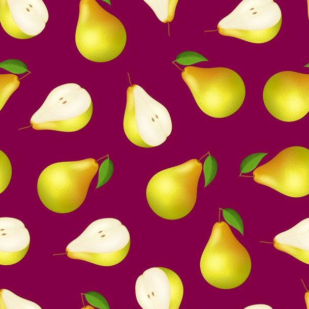 Realistic Detailed 3d Whole Pear and Slice Seamless Pattern Background. Vector - Вектор,изображение
