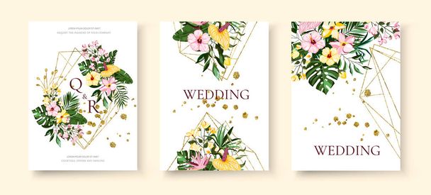 Wedding tropical exotic floral golden geometric triangular frame invitation card - Vetor, Imagem