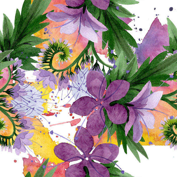 Violet phaselia foral botanical flowers. Watercolor background illustration set. Seamless background pattern. - Photo, Image