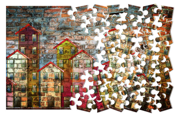Bild des Sozialwohnungskonzepts auf eine Ziegelwand gemalt - Puzzle sh - Foto, Bild