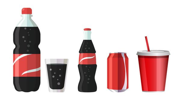 Soda water in a bottle, glass, jar, glass bottle and plastic glass with a straw. - Vector, Image