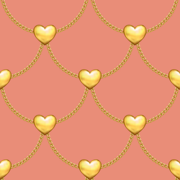 Seamless pattern with gold chains and hearts - Vetor, Imagem