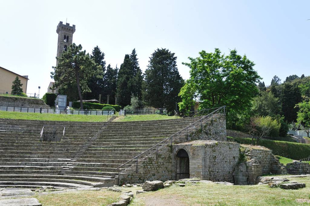 Fiesole, Florence, Tuscany, the Roman Theater.  Built according to Greek models (exploits the natural slope of the ground, dug to make the steps of the cavea) at the time of Silla. - Photo, Image
