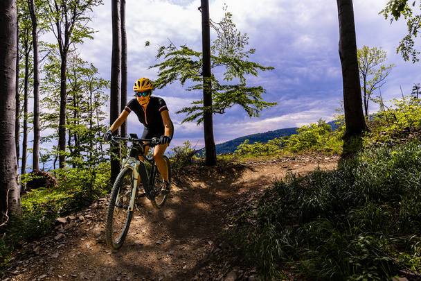 Horská cykloturistika žena na koni na kole v lese hory v létě  - Fotografie, Obrázek