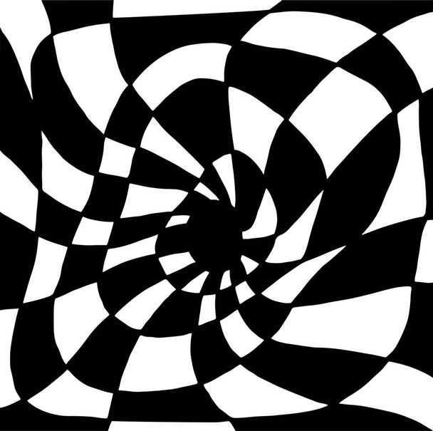 Psychedelic twisted abstract ornament, divided into black and white squares. Decorative illusion surreal background.Vector hand drawn illustration. - Vector, Image