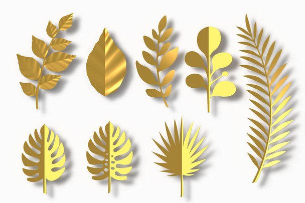 Gold Leaves paper style, paper craft floral, 3d rendering, with clipping path. - Photo, Image