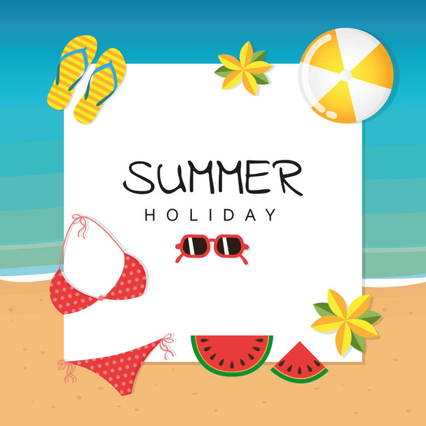 summer holiday design with bikini sunglasses flip flops watermelon ball and flowers - ベクター画像