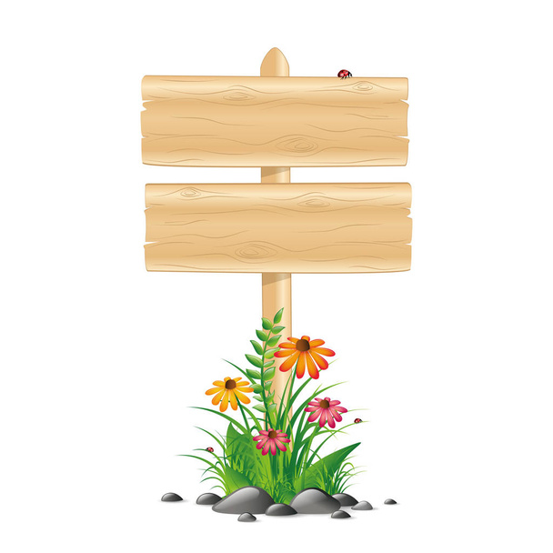 κενή ξύλινη πλακέτα πινακίδα με πολύχρωμα λουλούδια και γρασίδι σε λευκό φόντο - Διάνυσμα, εικόνα