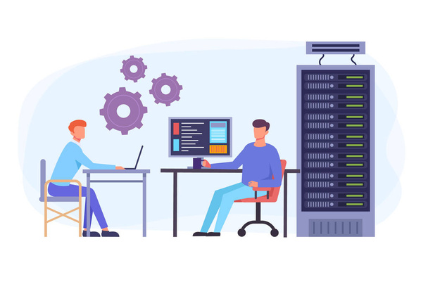 IT engineers team workers character and data center concept. Vector flat graphic design isolated illustration - Vector, Image