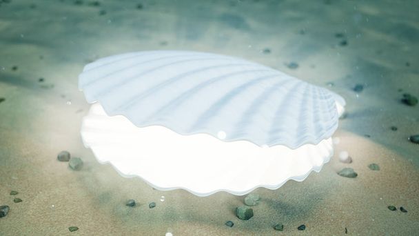 Mère de perles sous l'eau. Coquille de mer fermée sous-marine auto-lumineuse de l'intérieur. Huîtres et perles sur les fonds marins sablonneux sous-marins. Rayons de soleil et briller dans l'eau, Illustration 3D
 - Photo, image