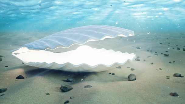 Mãe de pérolas debaixo de água. Concha de mar fechada subaquática auto-luminosa a partir do interior. Ostras e pérolas no fundo do mar. Raios de luz solar e brilho através da água, ilustração 3D
 - Foto, Imagem