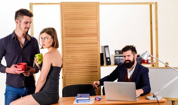 Woman flirting with coworker. Woman attractive working man colleague. Office romance concept. Sexual attraction among certain coworkers. Flirting and seduction. Flirting with coworker coffee break - Fotografie, Obrázek