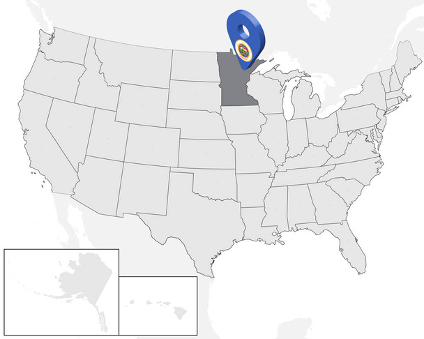 ПозКарта штата Миннесота на карте США. 3d State Minnesota flag marker location pin. Качественная карта Миннесоты. Векторная иллюстрация EPS10
. - Вектор,изображение