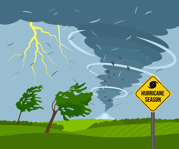 A devastating tornado in the countryside is breaking trees. bad weather landscape and road sign of disaster and warning. - Vector, Image