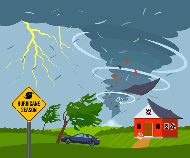 Ein verheerender Tornado zerstört ein Haus, ein Dach fliegt weg, Bäume brechen. Schlechtwetterlandschaft und ein Zeichen der Katastrophe und Warnung. - Vektor, Bild