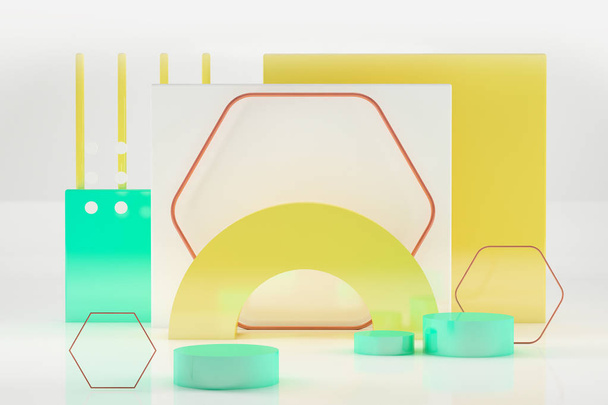 3D concept template stage kleuren, geel, groen en koper.  - Foto, afbeelding