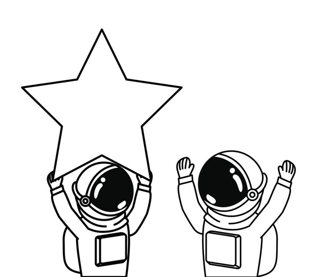 白い背景に宇宙服と星を持つ宇宙飛行士 - ベクター画像
