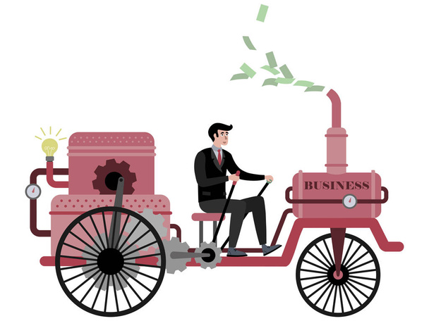 zakenman rijdt op een zakelijke auto, fiets. In minimalistische stijl cartoon platte vector, geïsoleerd op witte achtergrond - Vector, afbeelding