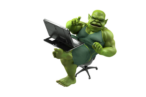 Fat internet troll using a laptop render 3d - Photo, Image