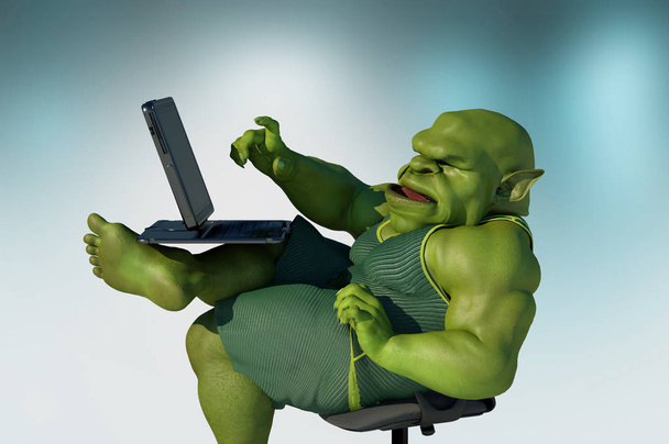Fat internet troll using a laptop render 3d - Photo, Image