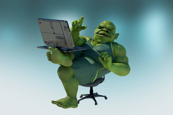 Gnomo gordo del Internet usando un renderizado 3d del ordenador portátil
 - Foto, imagen