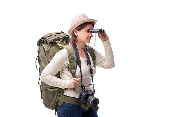 Turista femenina envejecida aislada en blanco  - Foto, imagen