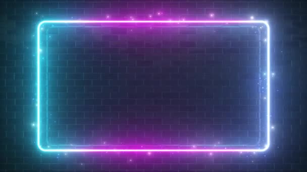 Rectangular neon sparkling luminous form on the background of a brick reflective surface. Modern ultraviolet fluorescent light spectrum. Seamless loop 4k 3d render blue purple - Footage, Video