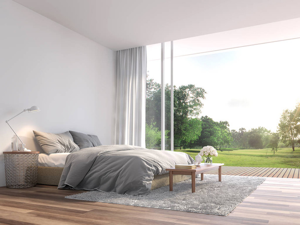 Modern bedroom 3d render.The Rooms have wooden floors ,decorate with gray fabric bed,There are large open sliding doors, Overlooks wooden terrace and big garden. - Zdjęcie, obraz